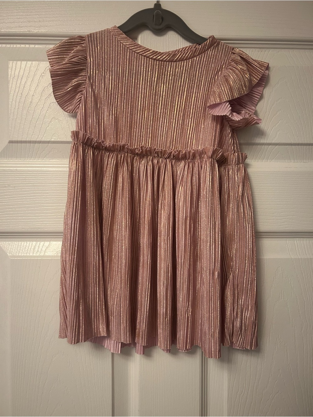 Girls Pink Metallic Ruffle Sleeve Dress